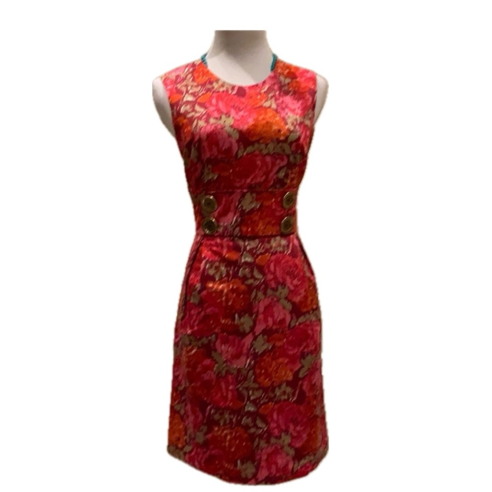 MICHAEL Michael Kors adorable red and pink gold button dress.